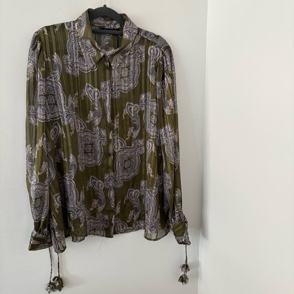Zara Printed Multicolor Metallic Thread Paisley Print Blouse Shirt Size L NWT - Picture 8 of 14